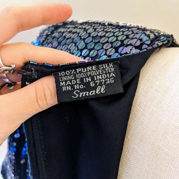 Vintage Silk Sequinned Blue Iridescent Cocktail Dress - Picture 10 of 11